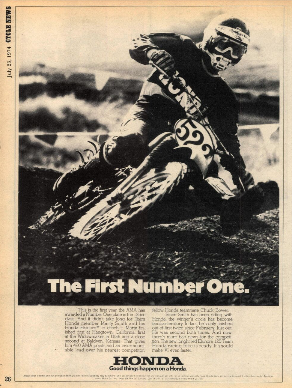 Smith's win ad in the July 23, 1974, issue of Cycle News after he won the 125cc class title.