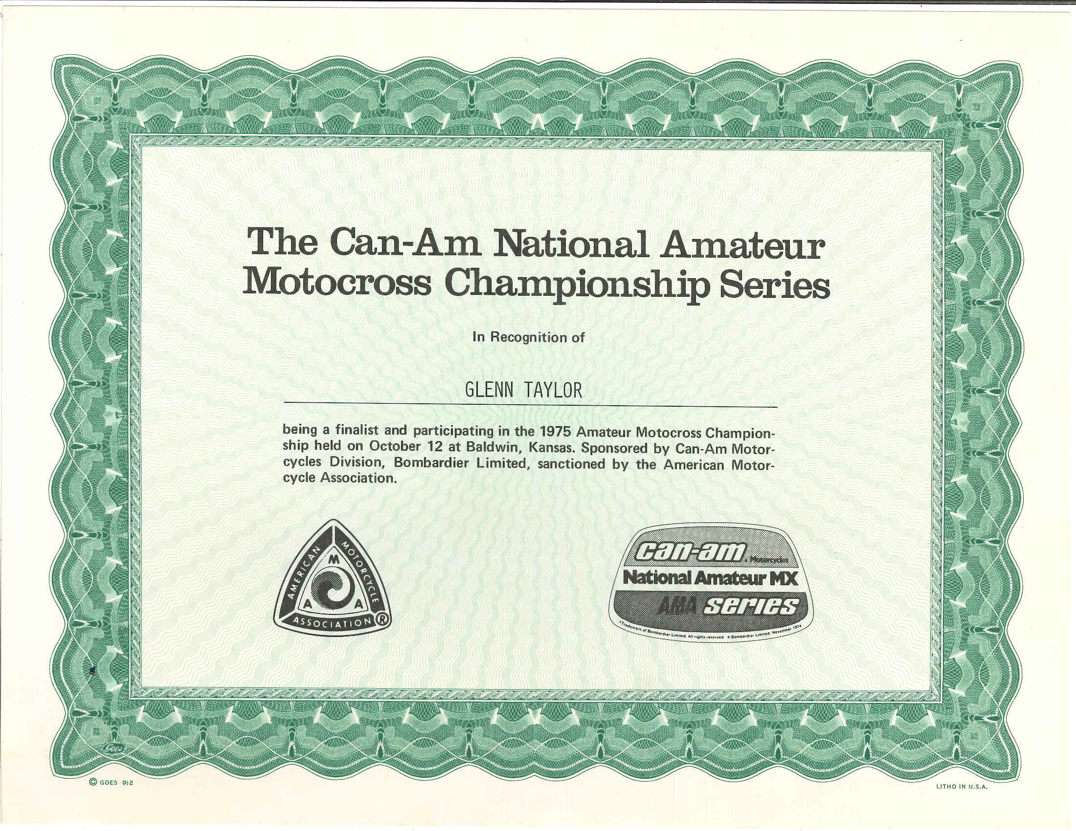 This certificate of achievement belongs Maryland's Glenn Taylor, a 14-year-old 125cc finalist in the first-ever AMA Amateur National.