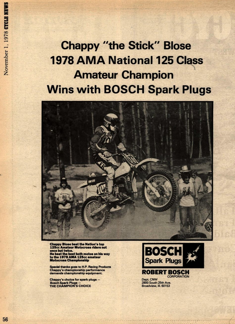 Champion Spark Plugs crafted this Cycle News win ad for Chappy “the Stick” Blose.