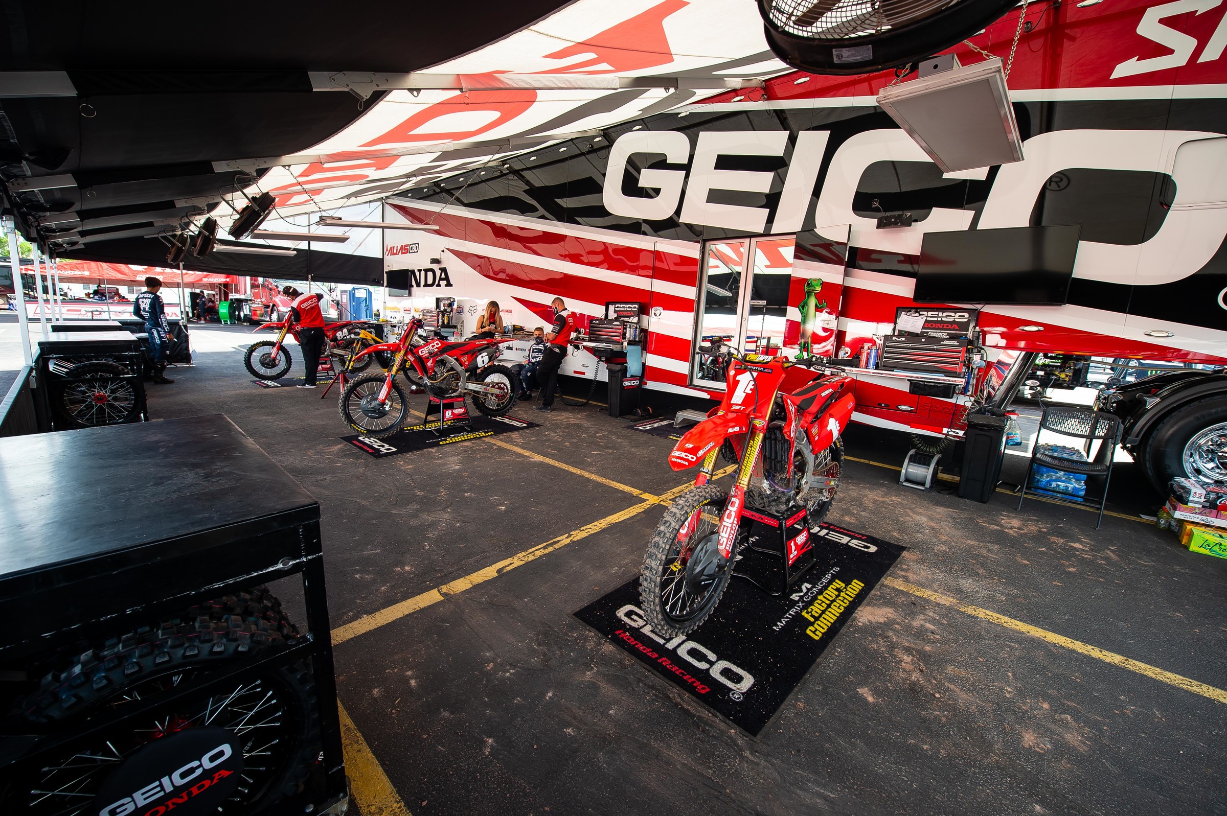 The GEICO Honda team pits for the Salt Lake City 1 Supercross on Sunday.
