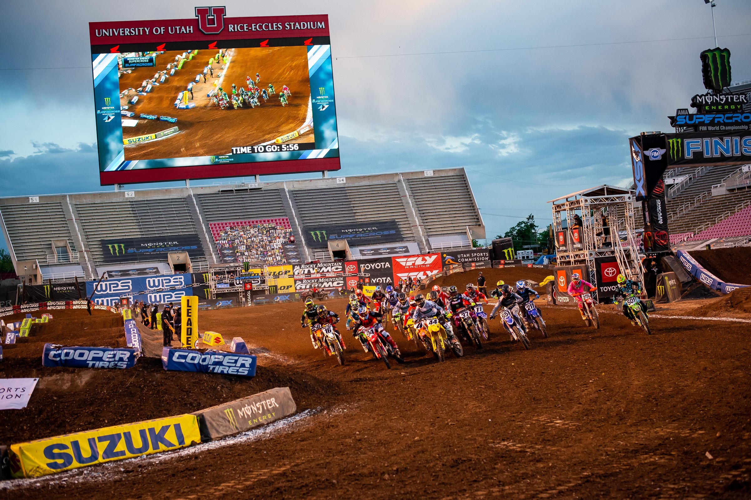 The 450SX class coming into the first, right-hand turn on Wednesday night.
