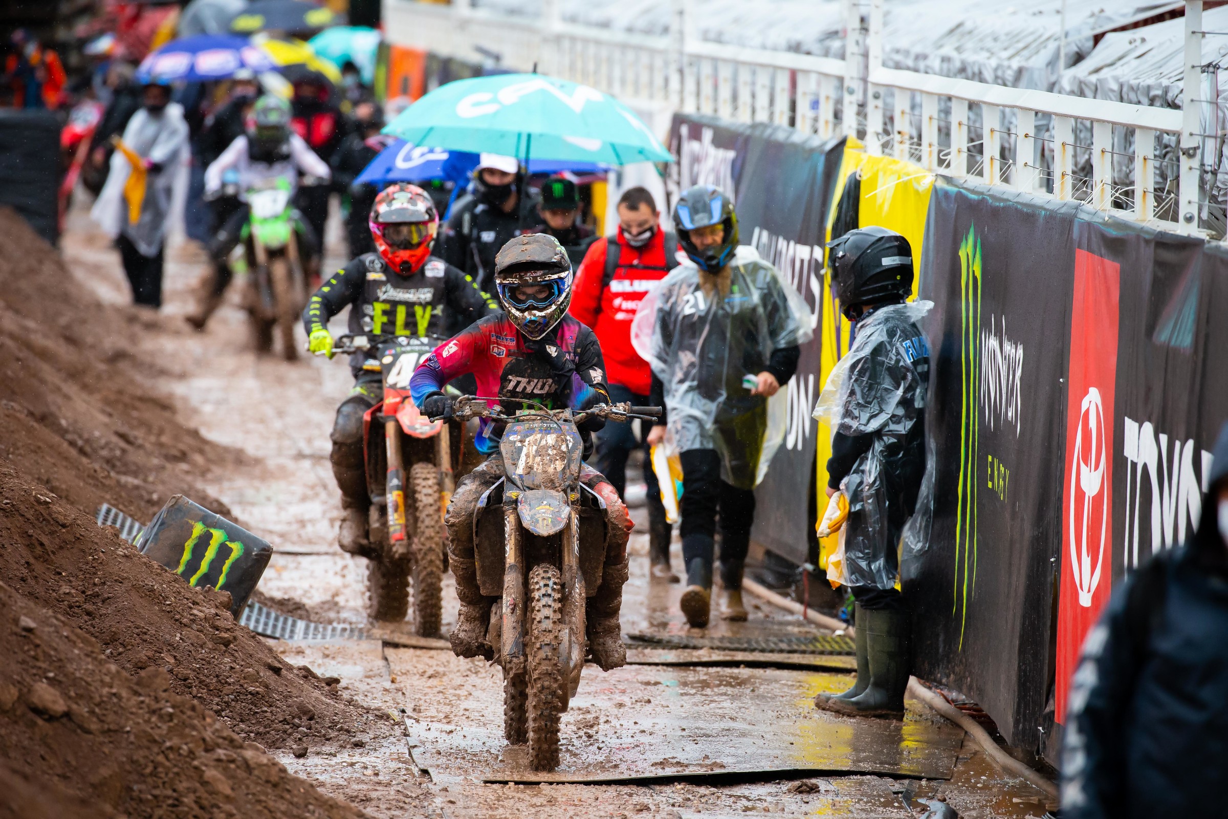 It's like, wet, but not full on mudder. Yet. If the skies don't open the track will probably be tough but jumpable.