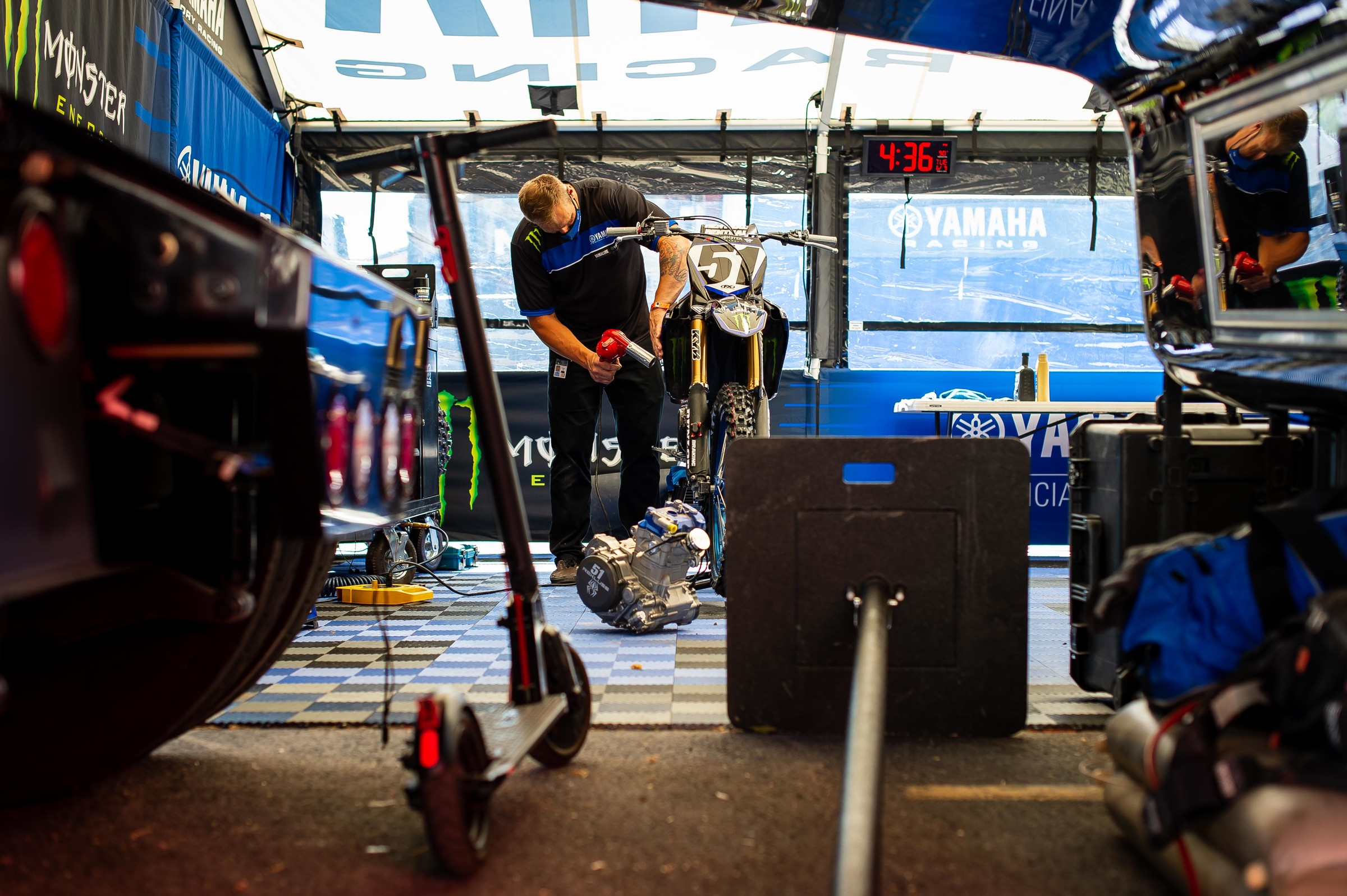 Monster Energy Yamaha Factory Racing's Justin Barcia's bike in the shop.