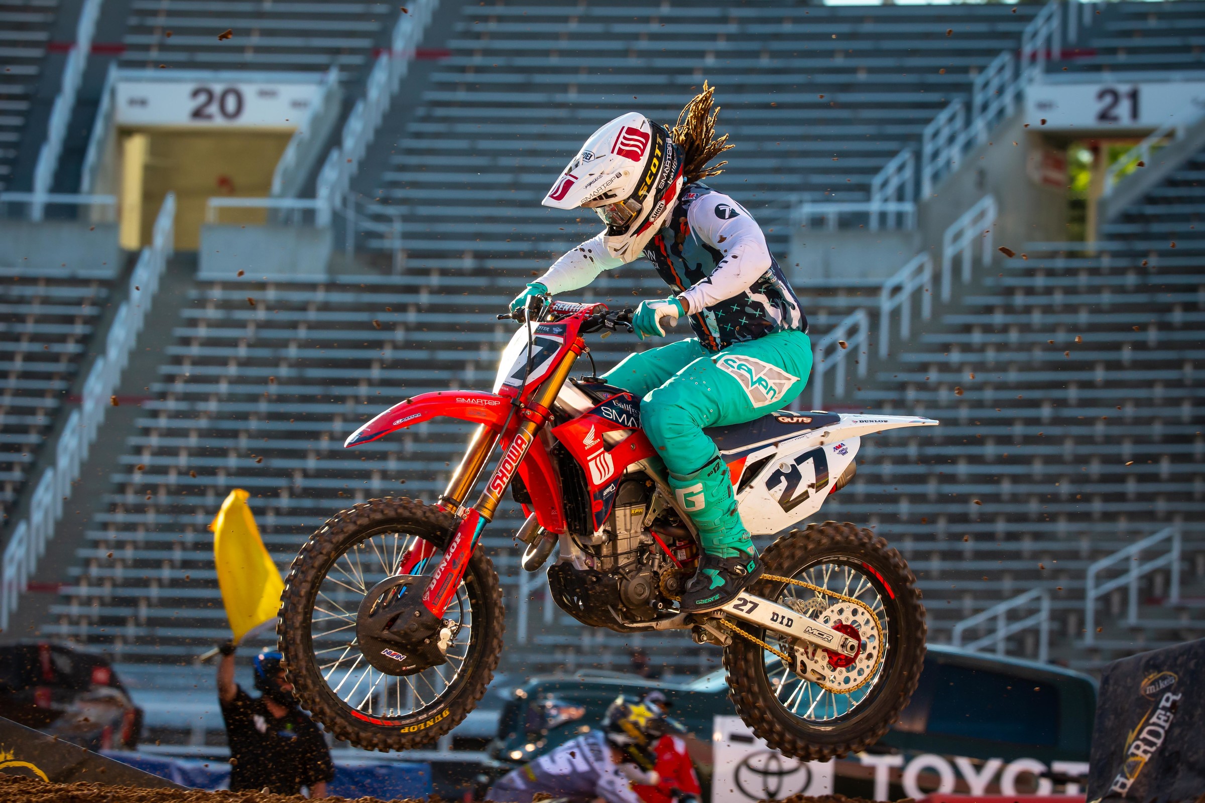 A broken footpeg cost Malcolm Stewart valuable points on Wednesday, and now a stack of riders are right behind him....oh who cares look at that hair!
