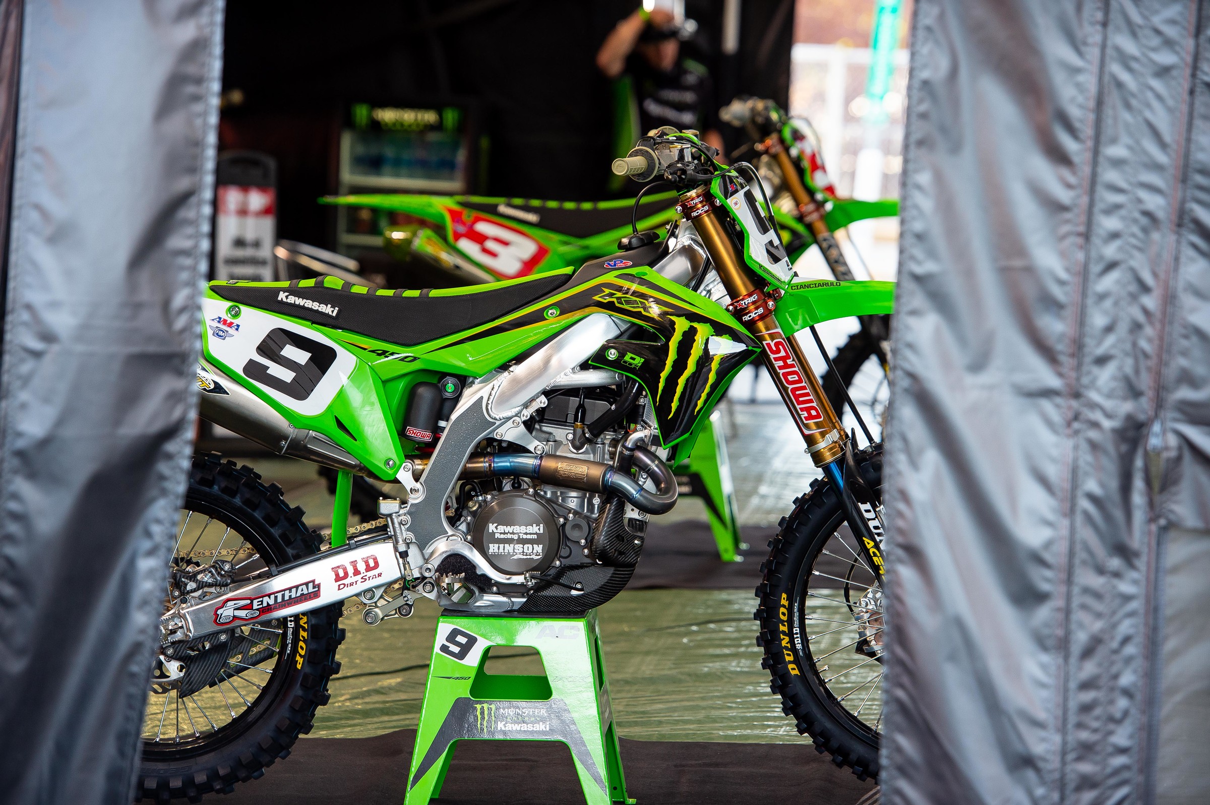 Adam Cianciarulo's Kawasaki KX450 remaining in the pits at the Rice-Eccles Stadium as the 450SX rookie recovers for the Lucas Oil AMA Pro Motocross Championship.