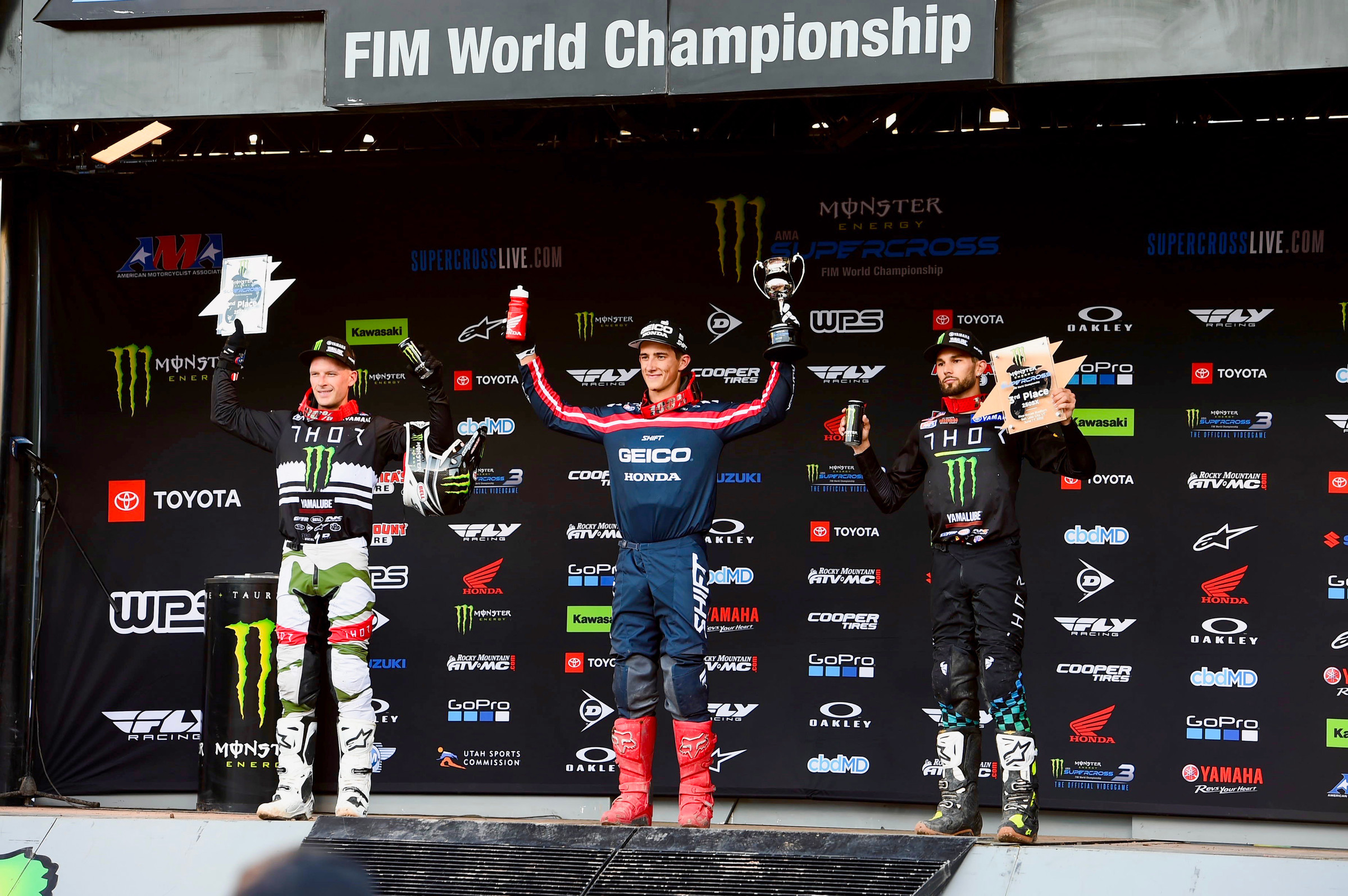 The 250SX main event podium: McElrath (second), Sexton (first), and Nichols (third).