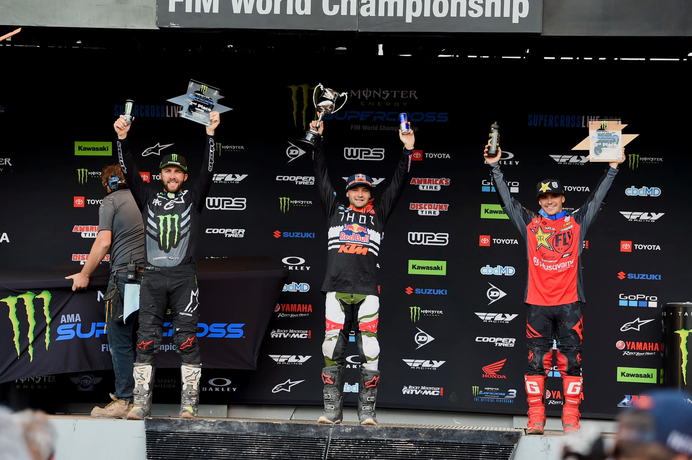 The 450SX main event podium: Tomac (second), Webb (first), and Osborne (third).