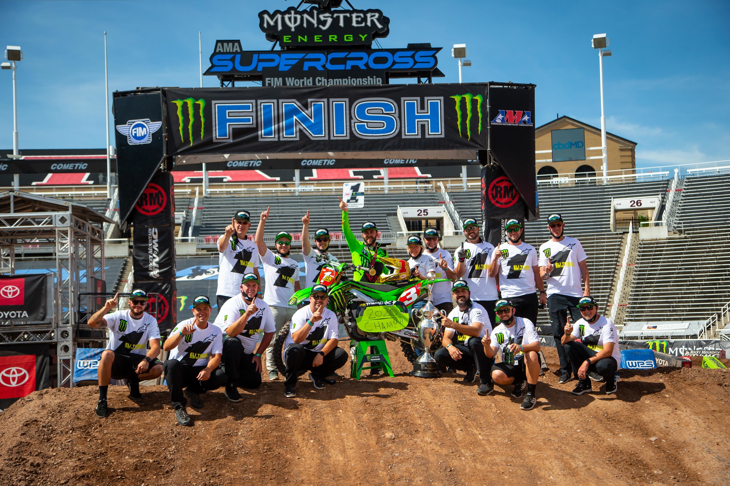 Eli Tomac and the Monster Energy Kawasaki crew celebrating the 2020 450SX title.