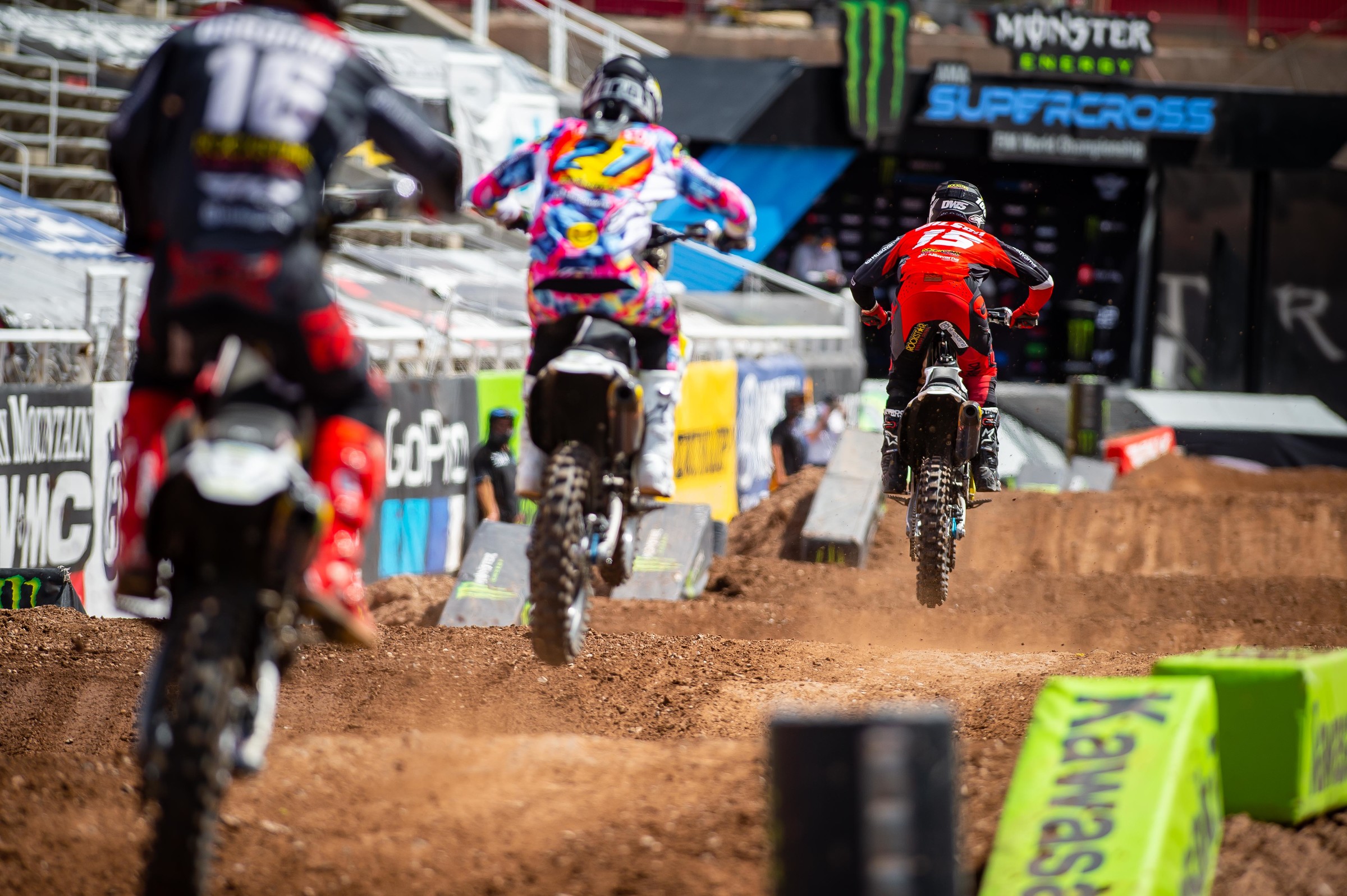 Osborne, Anderson, and Wilson leading the 450SX main event on Sunday.