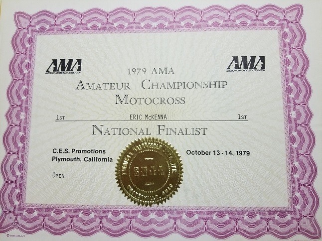 Eric McKenna’s certificate from his 1979 AMA National Championship run in the Open class.