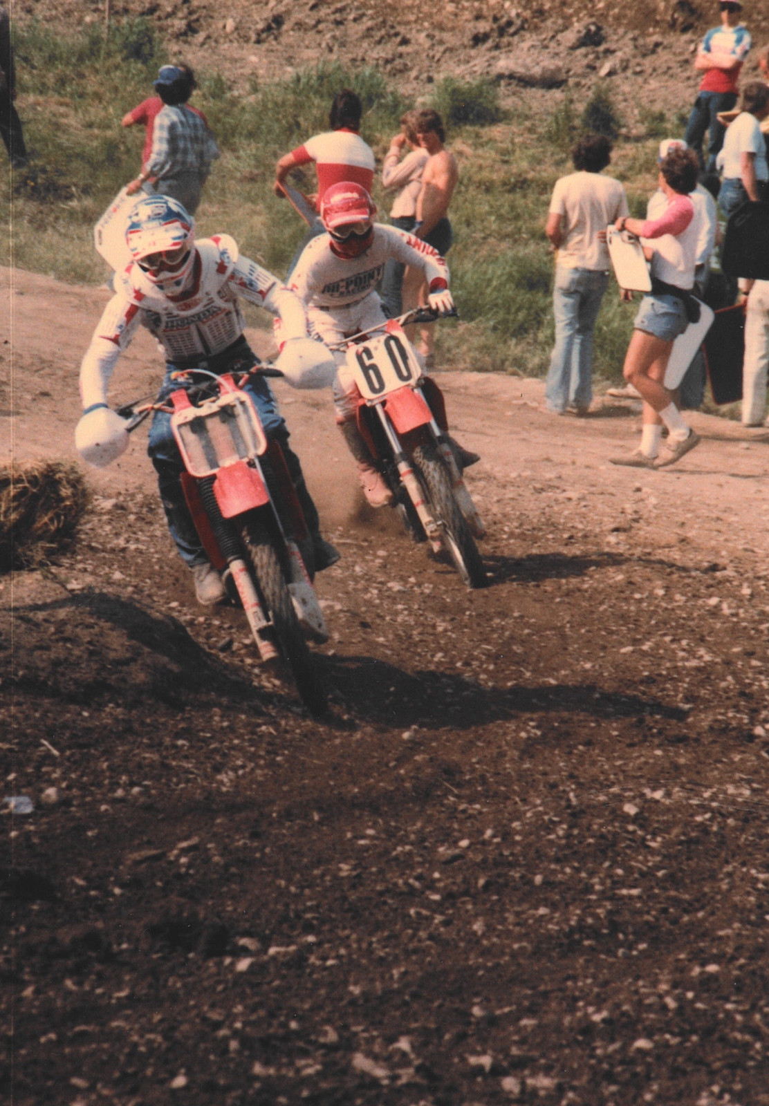 Four years later Eric McKenna (60) battles with David Bailey at the Broome-Tioga 250 National. Bailey would finish second overall to Bob Hannah while McKenna would score a career-best third overall on a production Honda CR250.