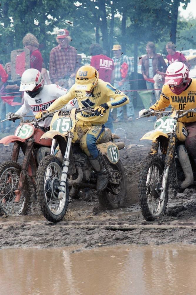 That's Team Honda's Chuck Sun (63) grabbed the 500cc holeshot in the 1980 RedBud 500 National, which was won by Maico rider Denny Swartz.