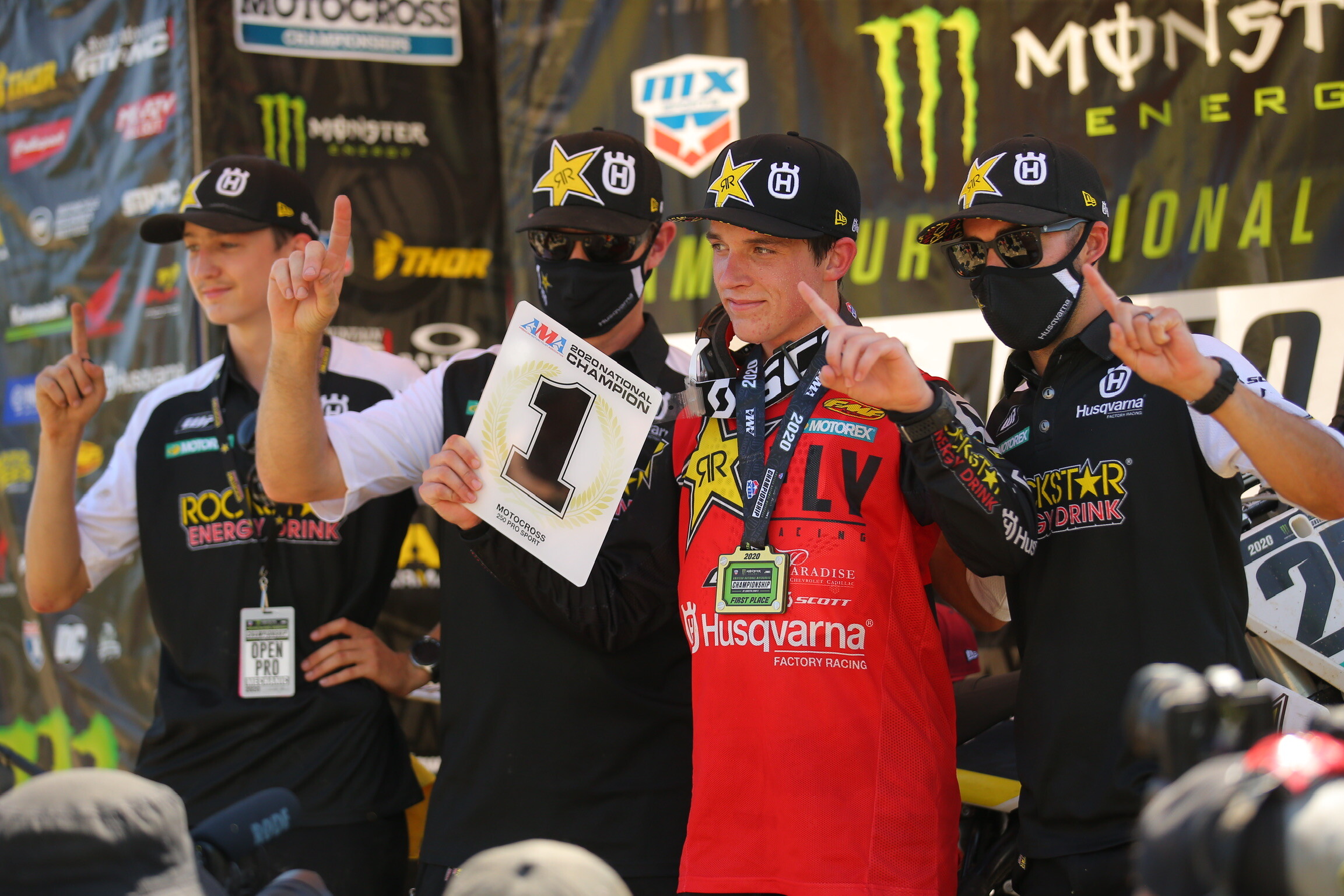 Robertson and the Rockstar Energy Husqvarna crew celebrating his 250 Pro Sport overall win.