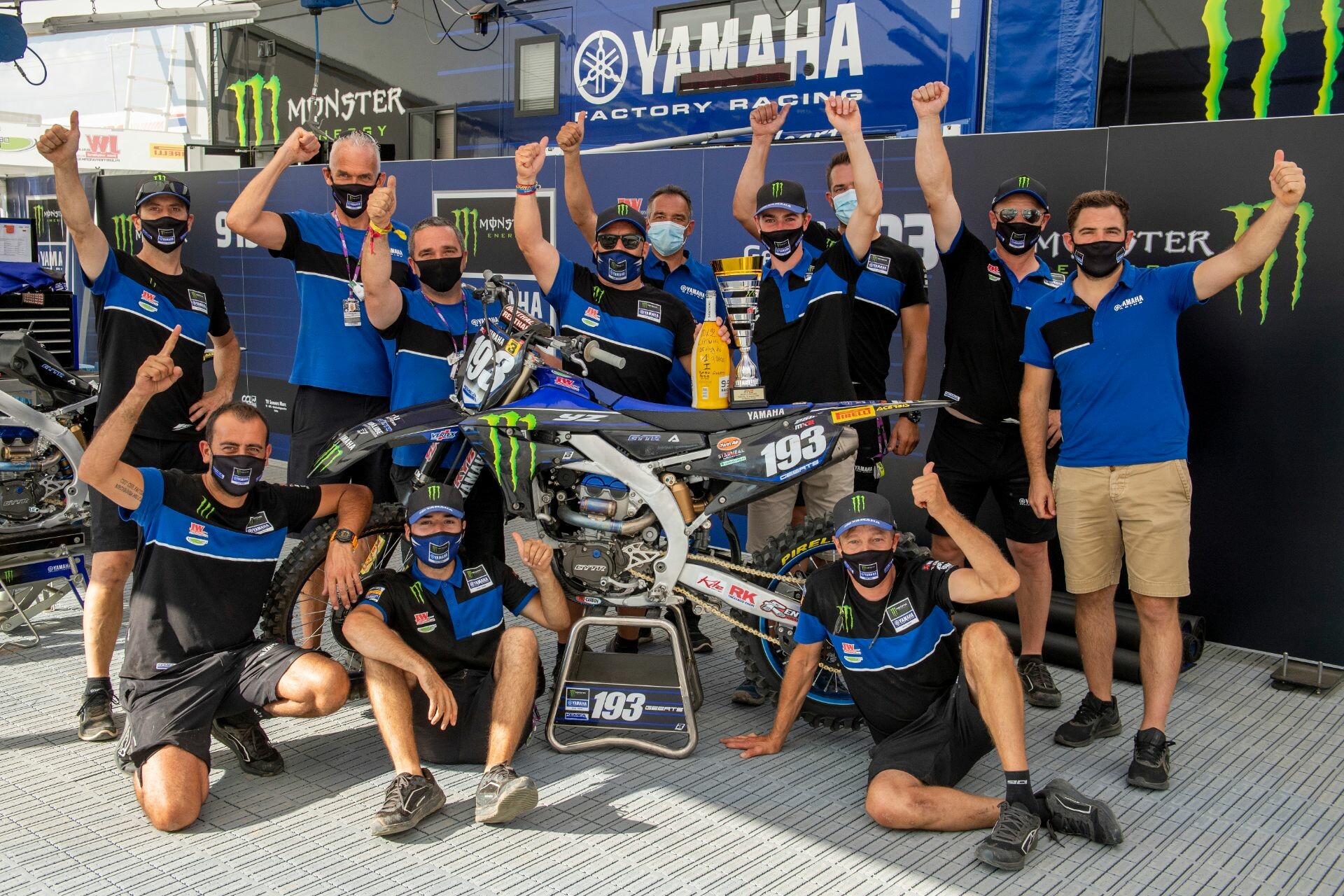 Jago Geerts and his Yamaha squad celebrating his second overall win of the 2020 FIM Motocross World Championship.