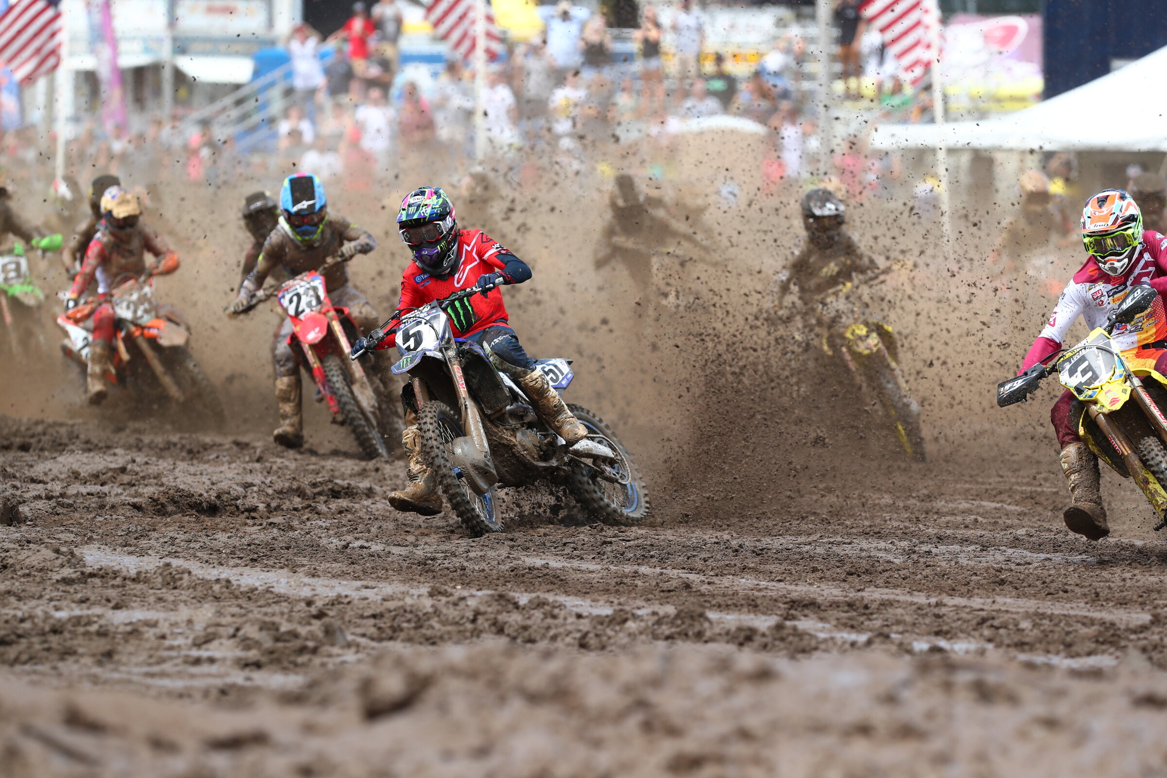 Barcia and Fredrik Noren spraying the Loretta Lynn's Ranch dirt/water onto the 450 field.