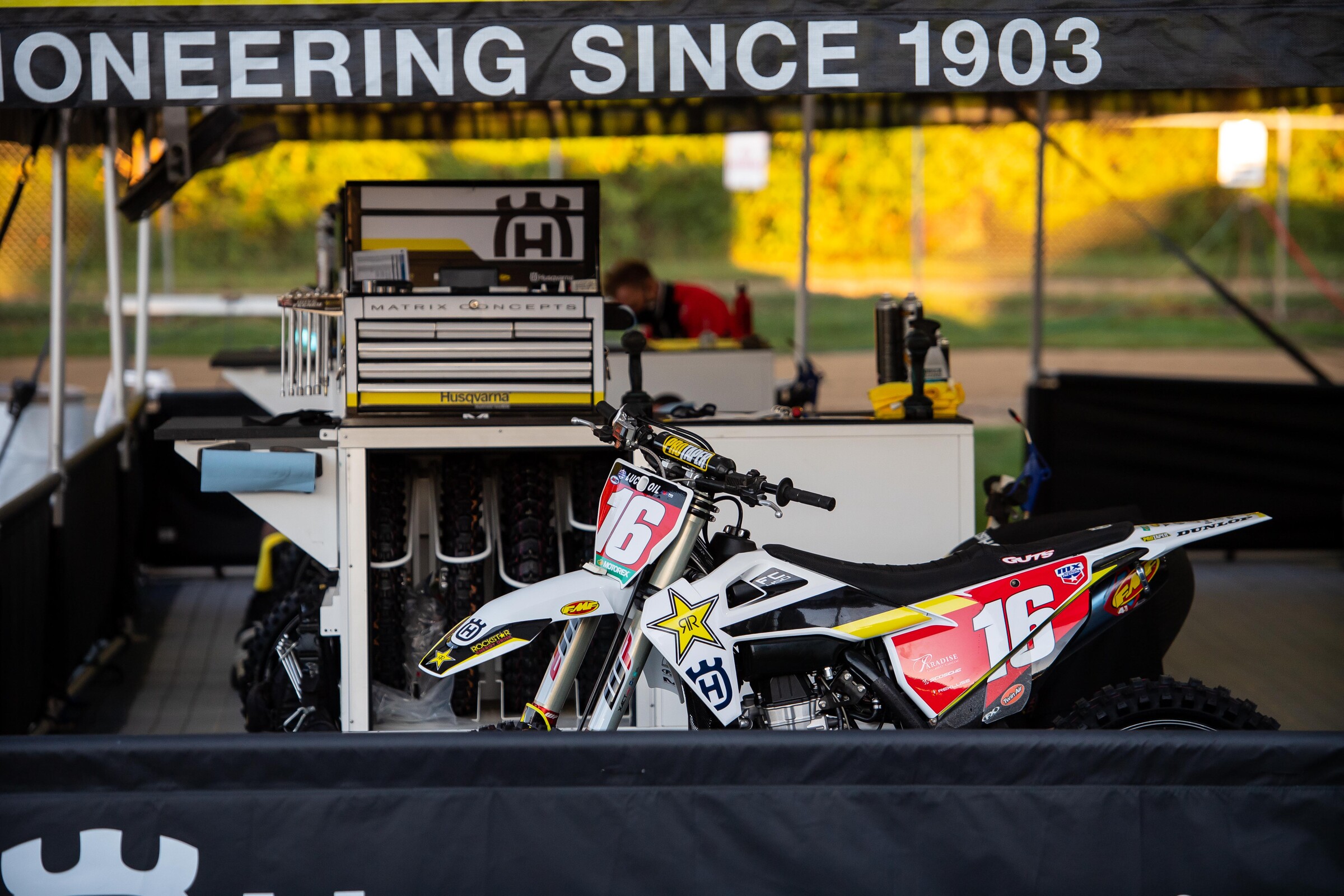 Zach Osborne's Husqvarna FC 450 sits under the Rockstar Energy Husqvarna team tent early Friday morning at RedBud MX.