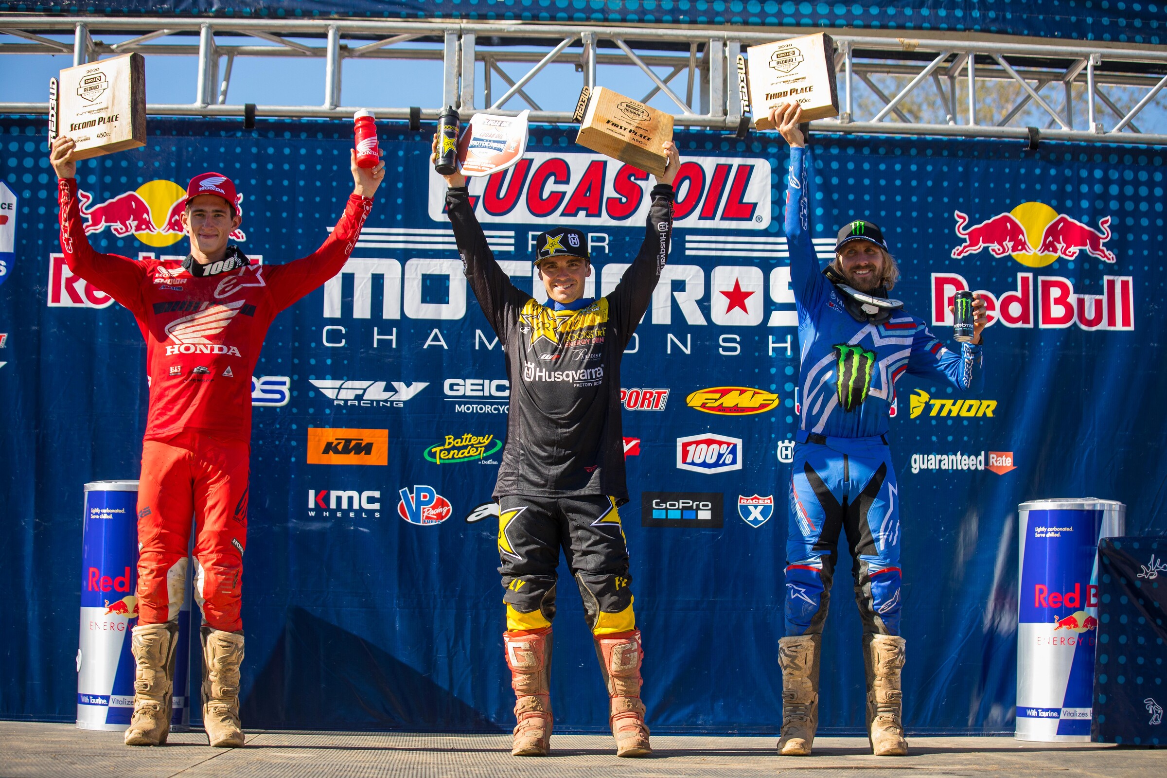 The 450 Class overall podium at the RedBud 1 National: Zach Osborne (center, first overall), Chase Sexton (left, second overall), and Justin Barcia (right, third overall).