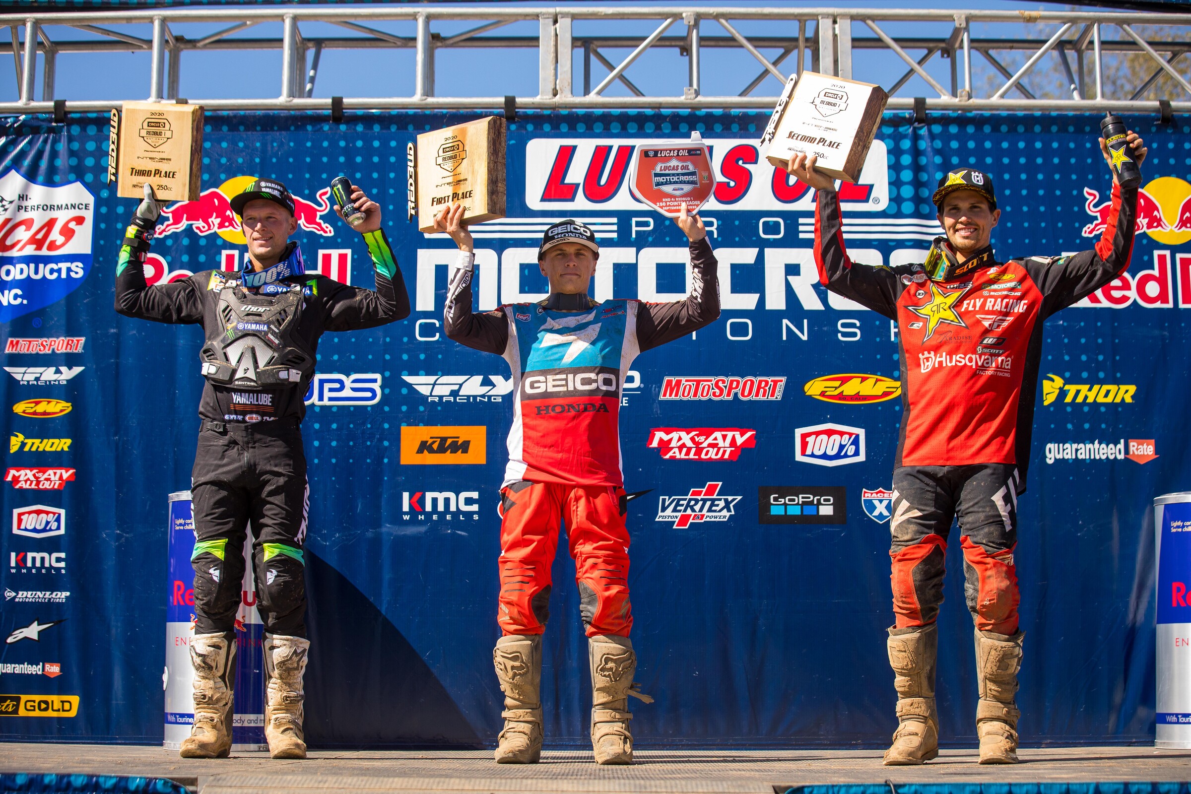 The 250 Class overall podium at the RedBud 1 National: Jeremy Martin (center, first overall), RJ Hampshire (right, second overall), and Shane McElrath (left, third overall).