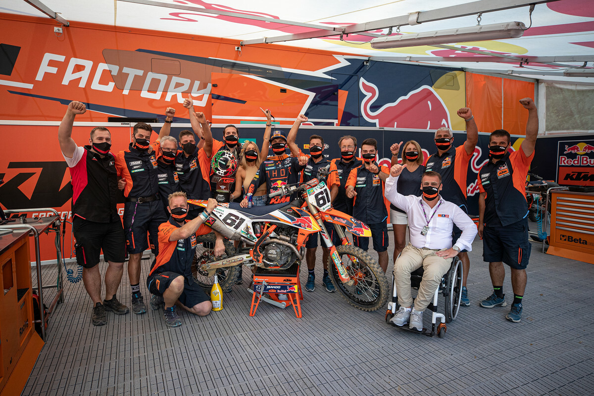 The Red Bull KTM Factory Racing team celebrates Prado's maiden victory.