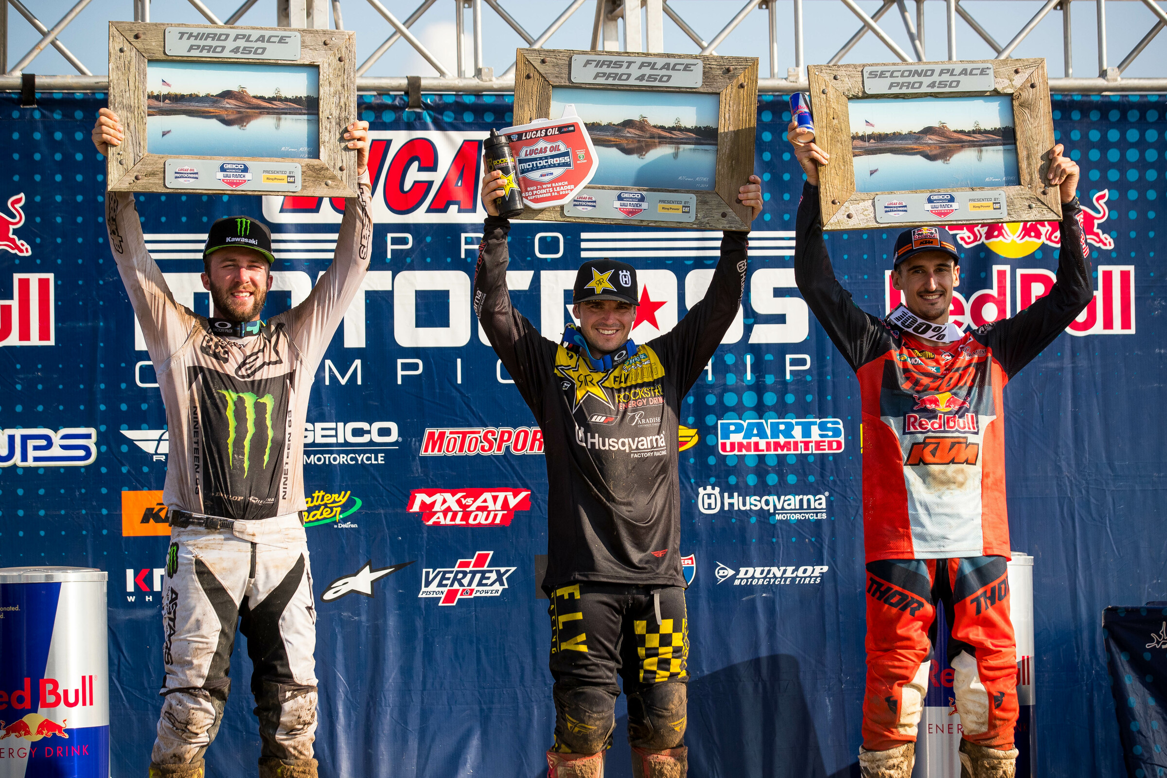 The 2020 WW Ranch National overall podium: Zach Osborne (center, 1-1 for first overall), Marvin Musquin (right, 3-3 for second overall), and Eli Tomac (left, 6-2 for third overall).
