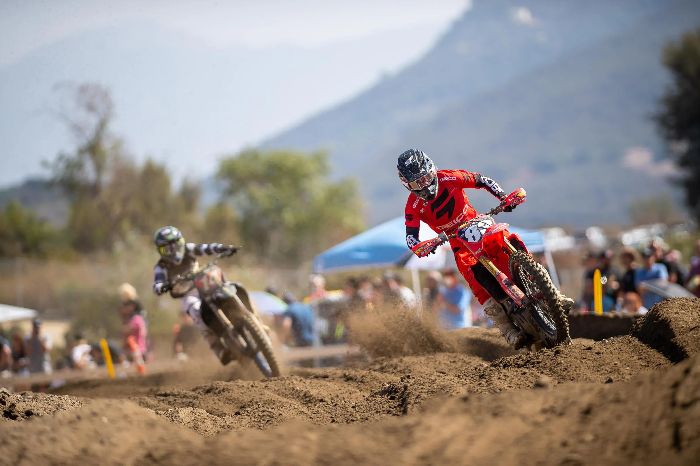 Jett Lawrence held steady under pressure from Dylan Ferrandis late in the first moto.