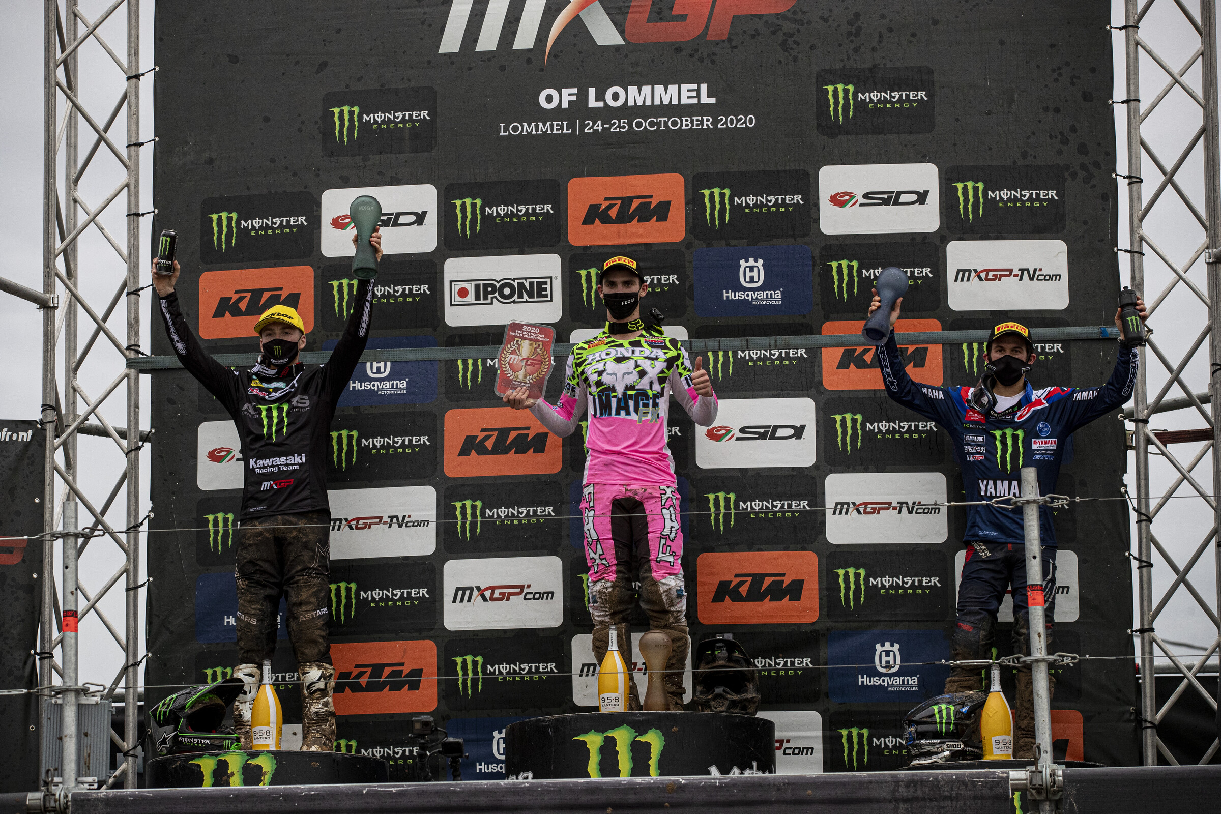 Tim Gajser (middle, 1-1 for first overall), Romain Febvre (left, 2-2 for second overall), and Jeremy Seewer (right, 4-3 for third overall) made up the podium at the 2020 MXGP of Lommel.