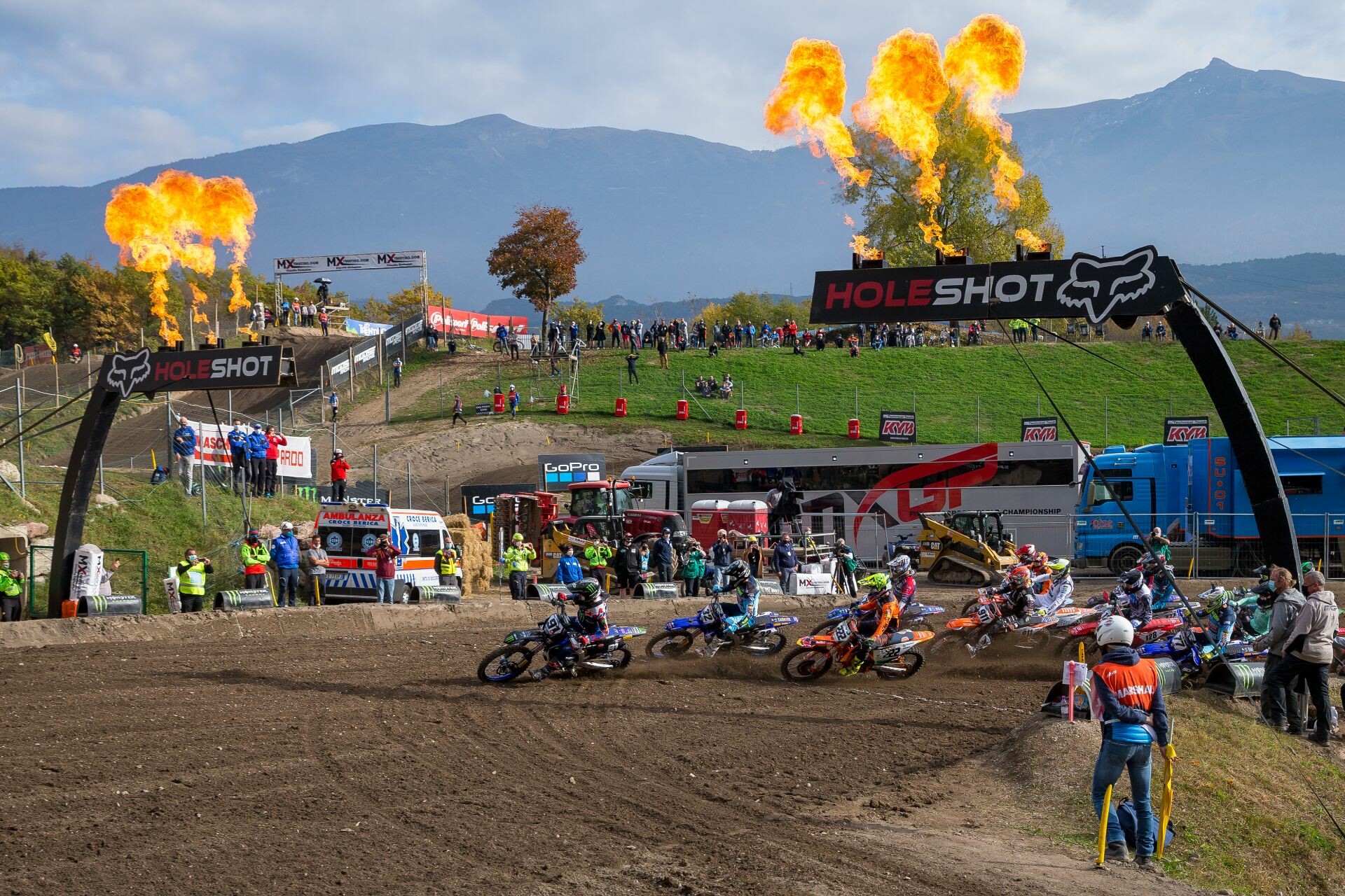 Monster Energy Yamaha's Jeremy Seewer leading the MXGP class into the first turn at round 17.