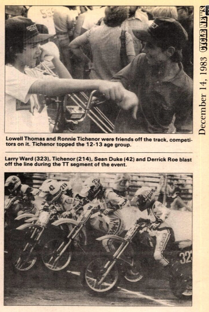 Lowell Thomas, Ronnie Tichenor and Larry Ward, Sean Dukes, and Derrick Roe in a 1983 issue of Cycle News.