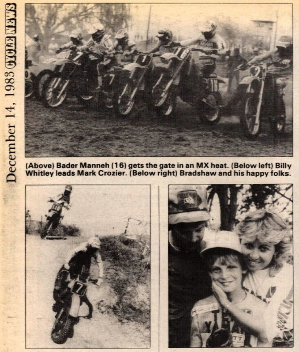 Bader Manneh, Billy Whitley, and Damon Bradshaw and in the December 13, 1983, issue of Cycle News.