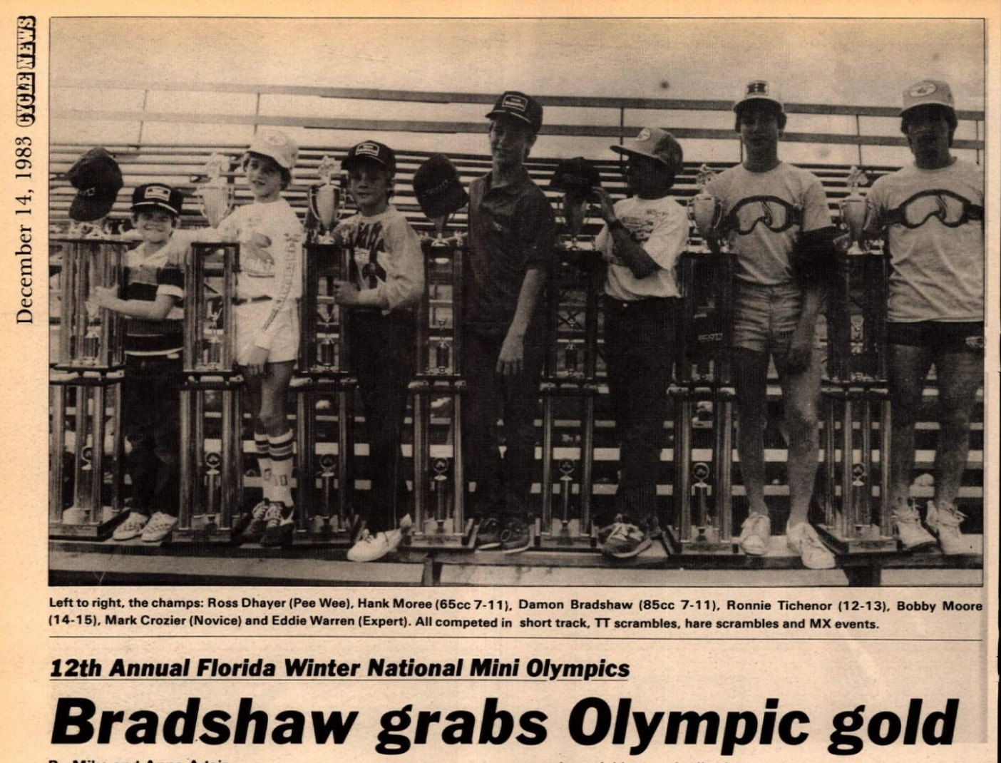 The 12th annual Florida Winter National Mini Olympics winners in the December 14, 1983, issue of Cycle News.