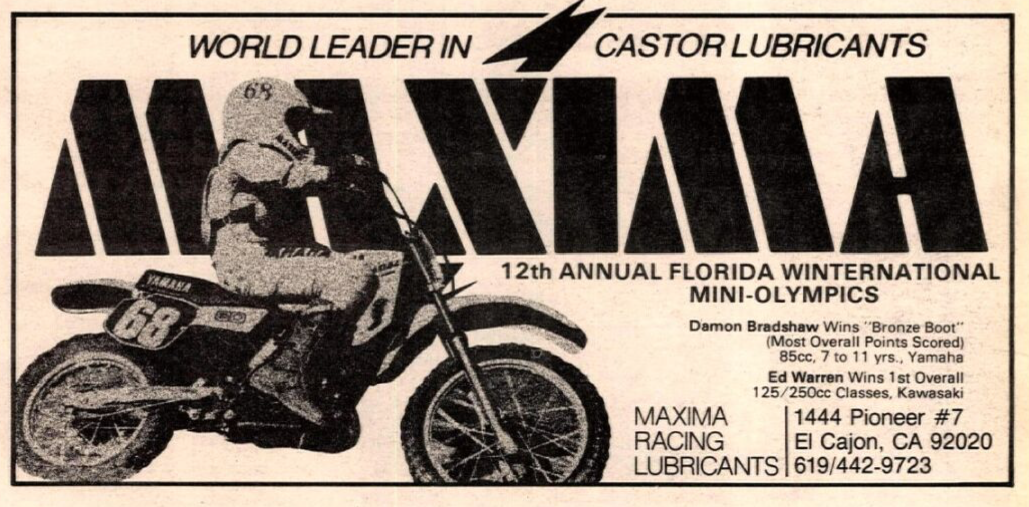 Damon Bradshaw's Maxima win ad in a 1983 issue of Cycle News.