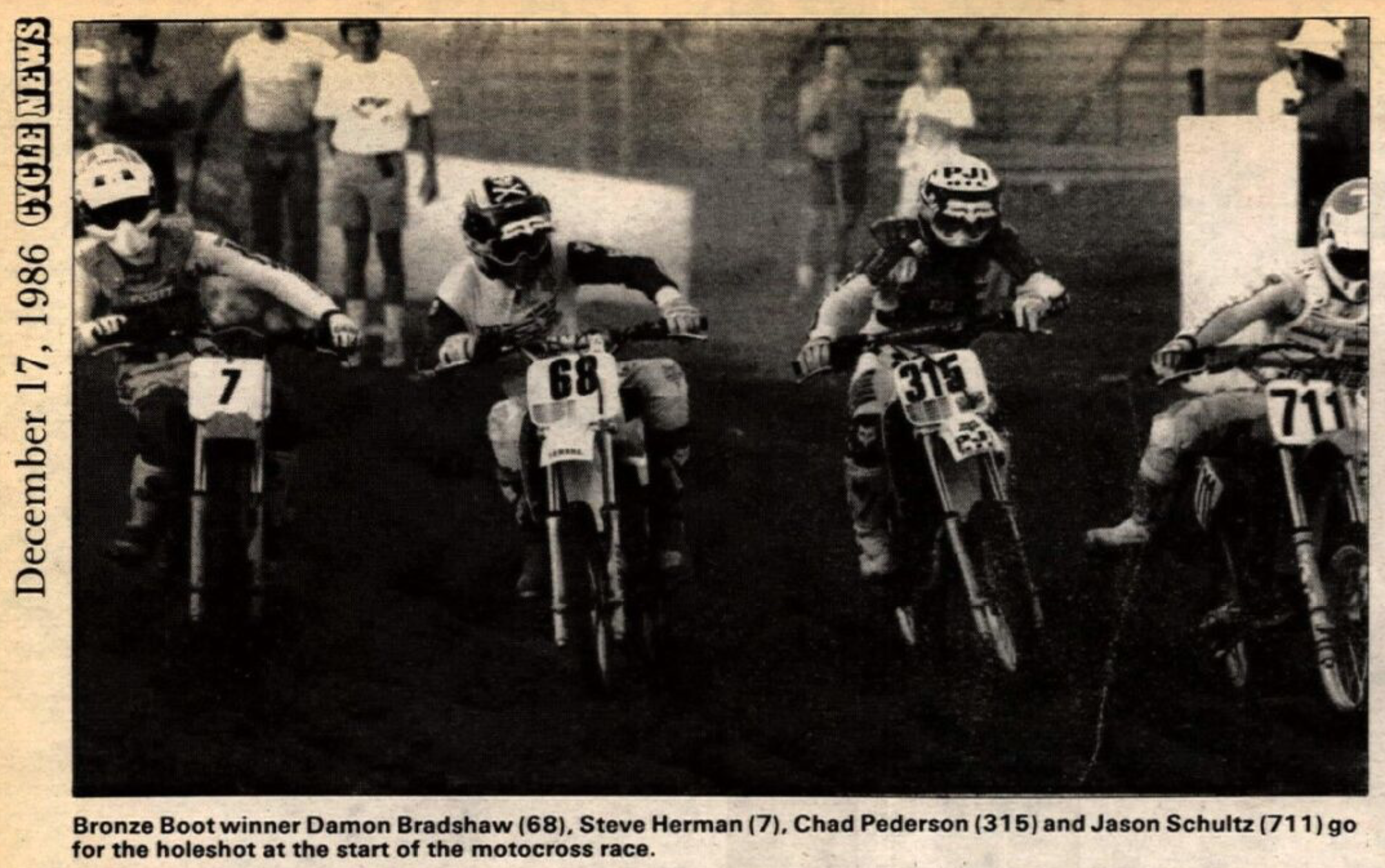 Damon Bradshaw, Steve Herman, Chad Pederson, and Jason Schultz in the December 17, 1986, issue of Cycle News.