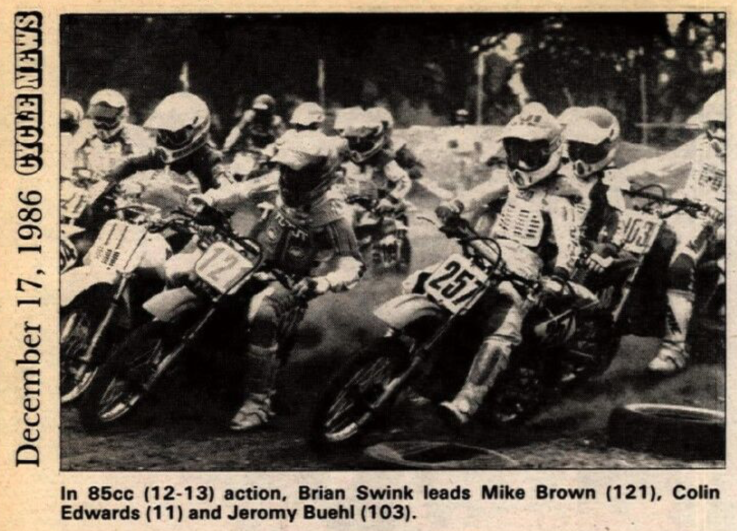 Brian Swink, Mike Brown, Colin Edwards, and Jeromy Buehl in the December 17, 1986, issue of Cycle News.