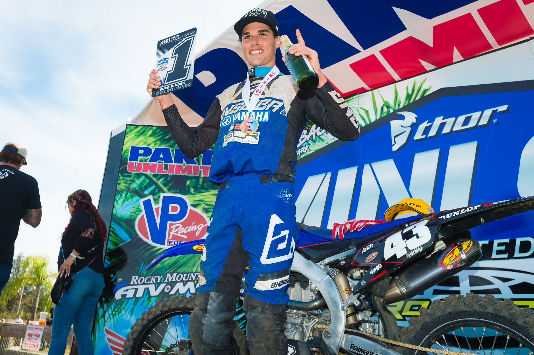 Cullin Park with the AMA #1 plate for winning the Supercross Schoolboy 2 (12-17) B/C title at the 2019 Mini O's event.