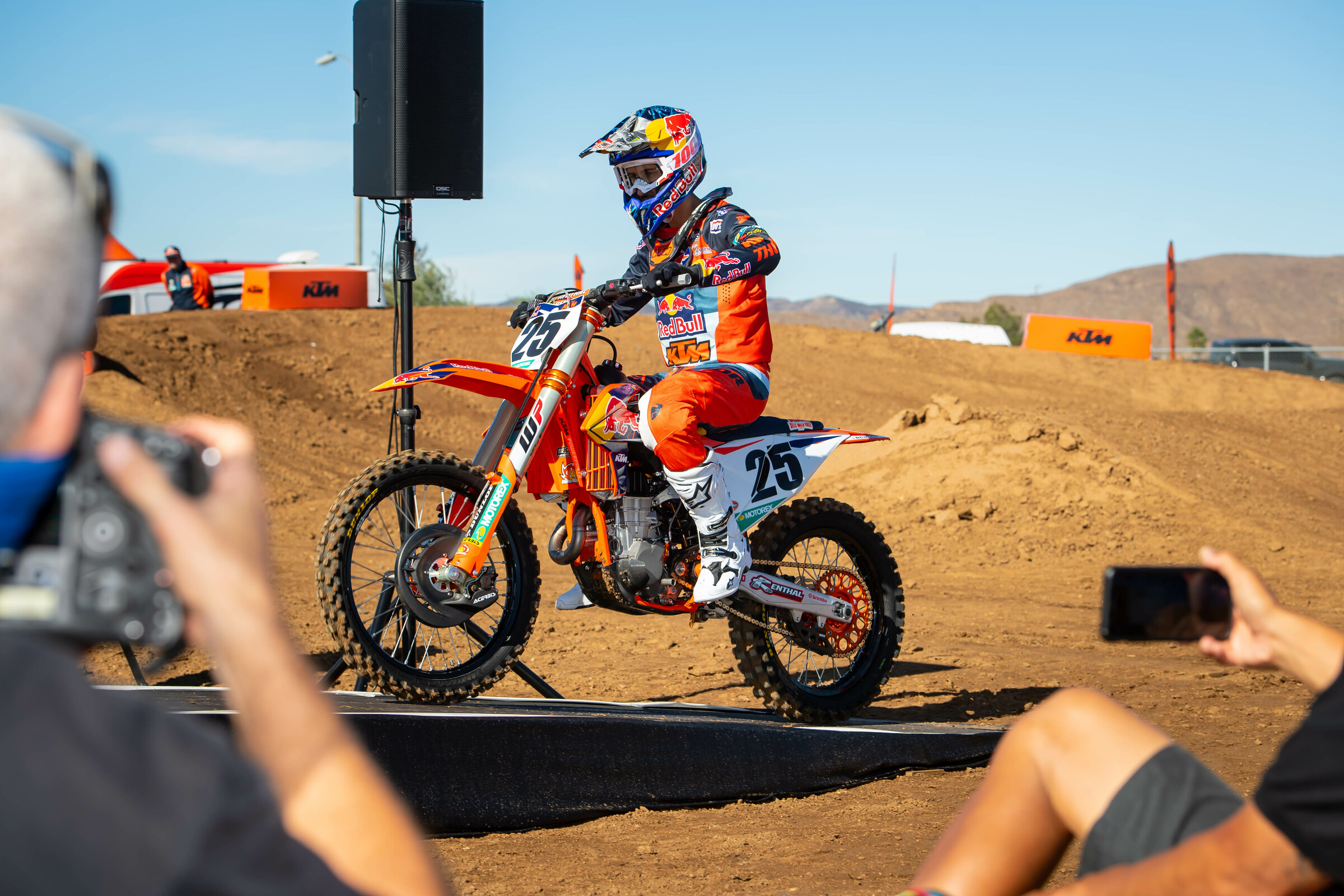 Musquin riding up to the stage at the 2021 KTM team intro on Tuesday.