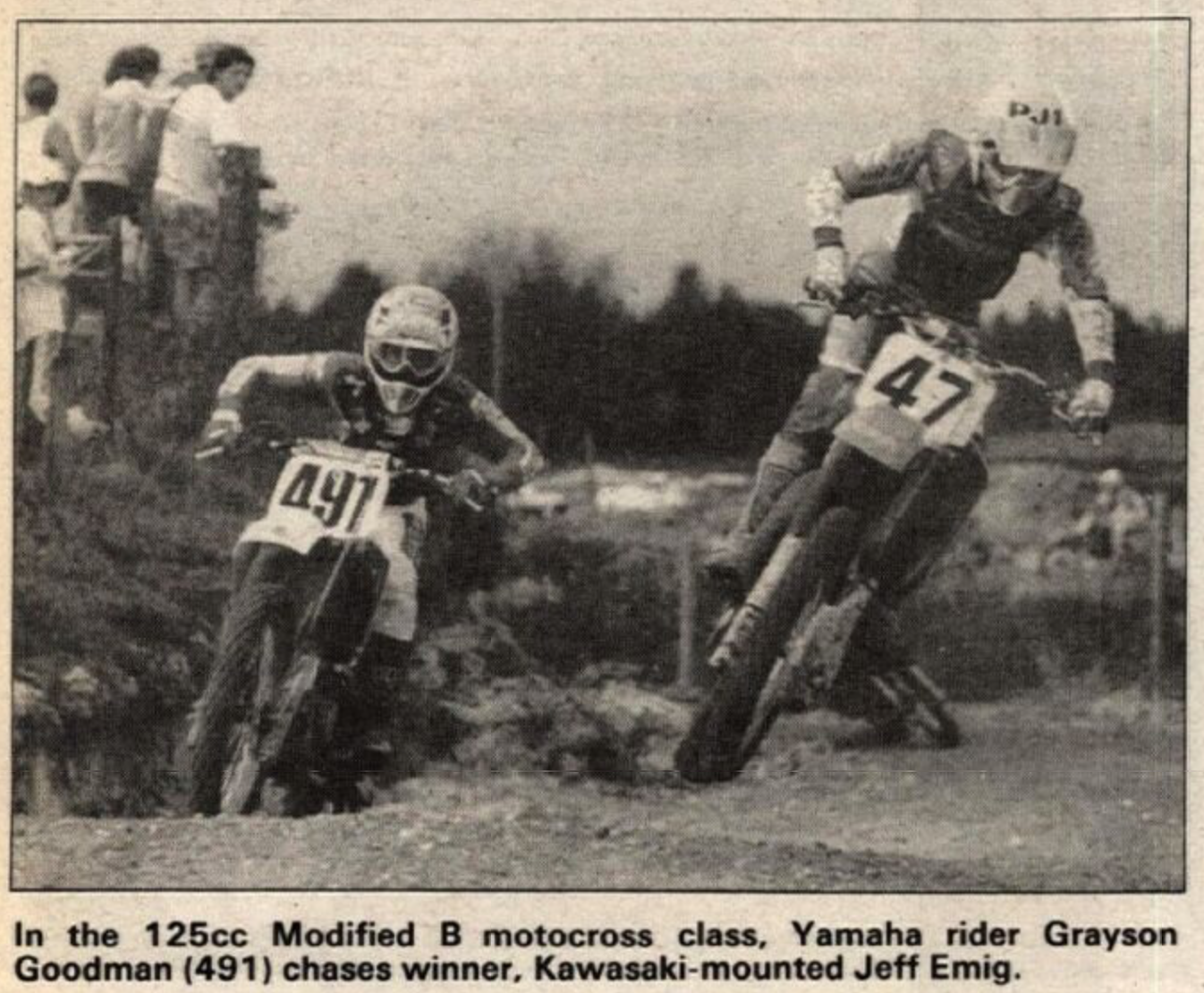 Grayson Goodman (left) and Jeff Emig (right) in a 1987 issue of Cycle News.