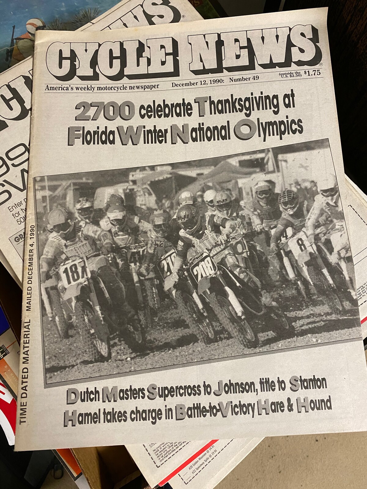 The Mini O's coverage on the front page of a 1990 issue of Cycle News.