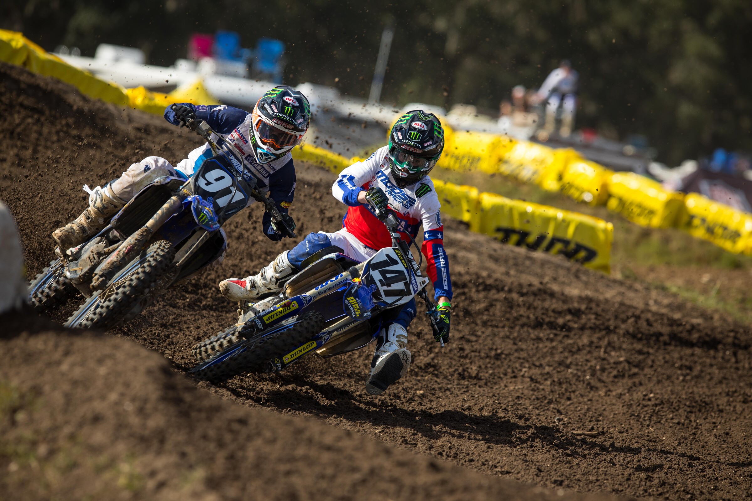 Brandmates Nate Thrasher and Levi Kitchen battling on the supercross track.