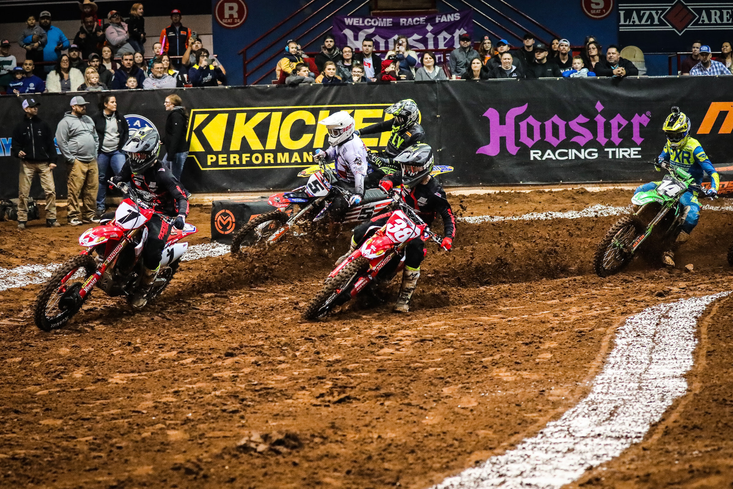 Jace Owen (2019 champ, #1) leading Peters (#38) and company during one of the 2020 Kicker AMA Arenacross races. Owen will be racing supercross with the ClubMX team but he trains at the ClubMX facility with Peters and others.