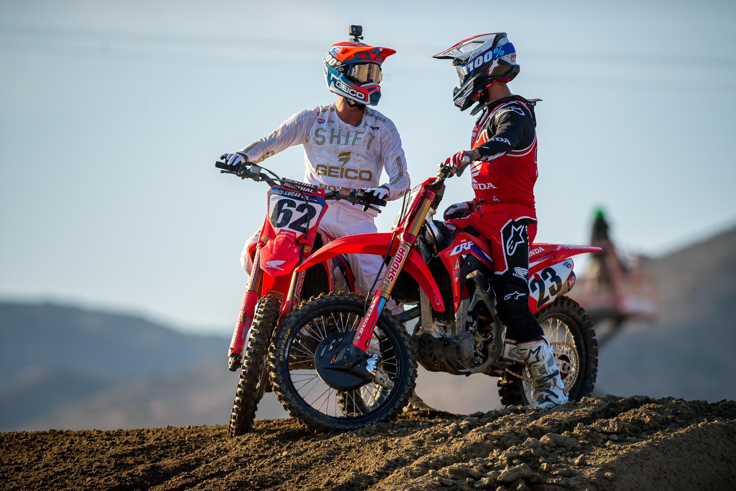 Christian Craig (#62) congratulates Chase Sexton after winning the final 450 Class moto of the year. Craig finished a career best second.