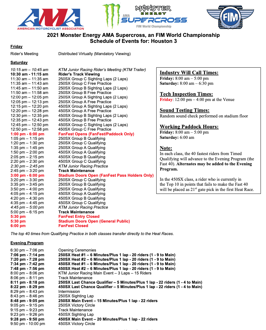 2021 Houston 3 Supercross race day schedule
