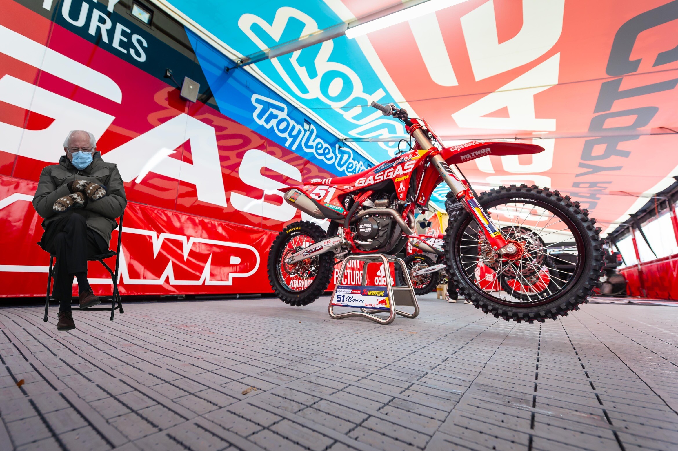We were glad Bernie was able to finally find some cover underneath the GasGas team tent!