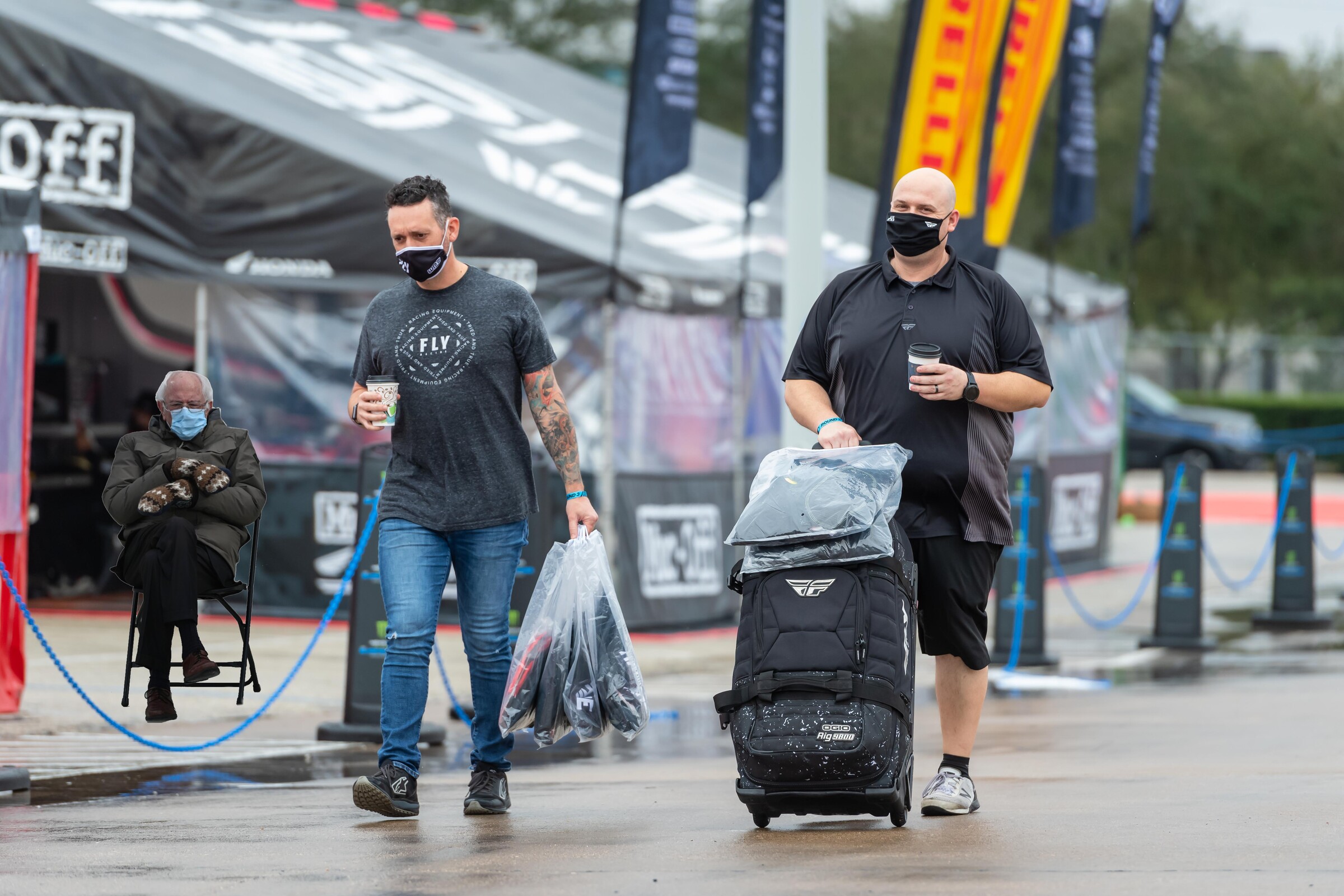 The Fly Racing guys were smiling because tomorrow's race day but Bernie was unamused still.