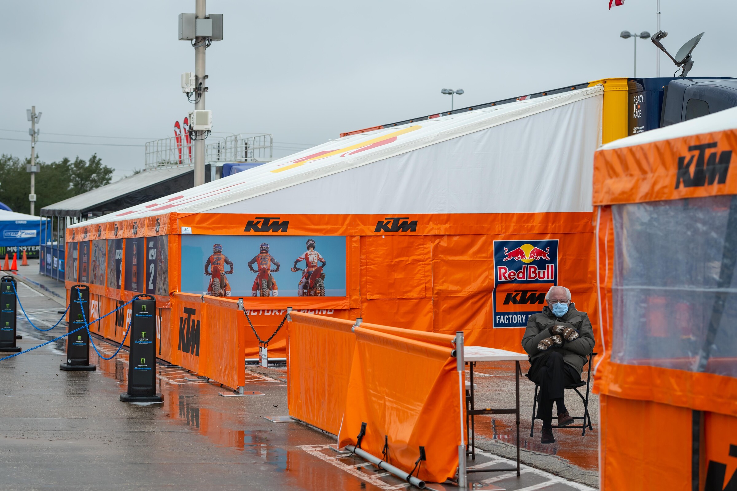 But, even out in the pits outside of NRG Stadium in the rain, Bernie was not bothered.