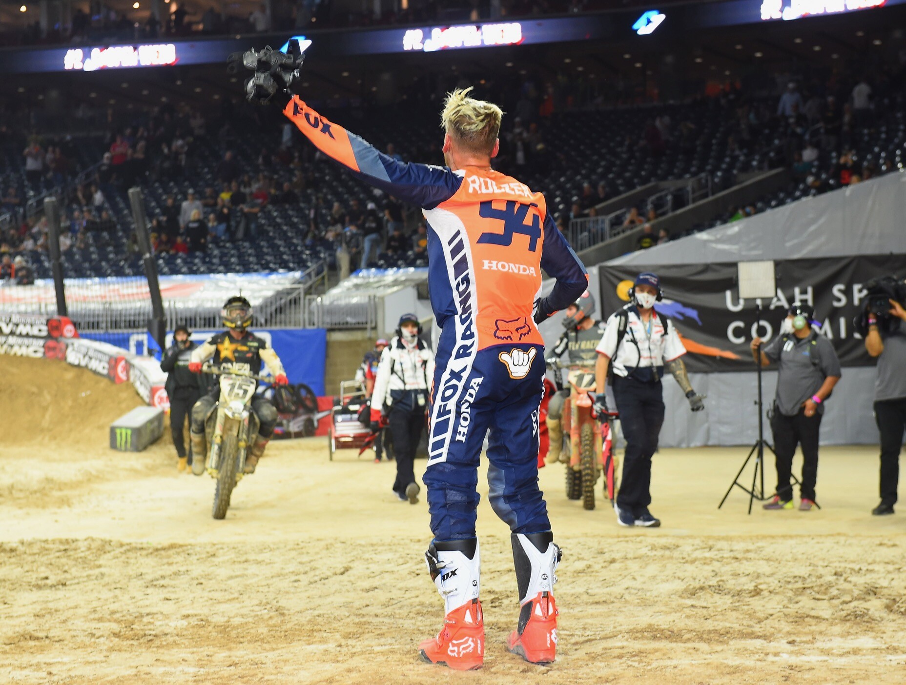 Roczen yells over to Wilson, who held him up on the last lap.