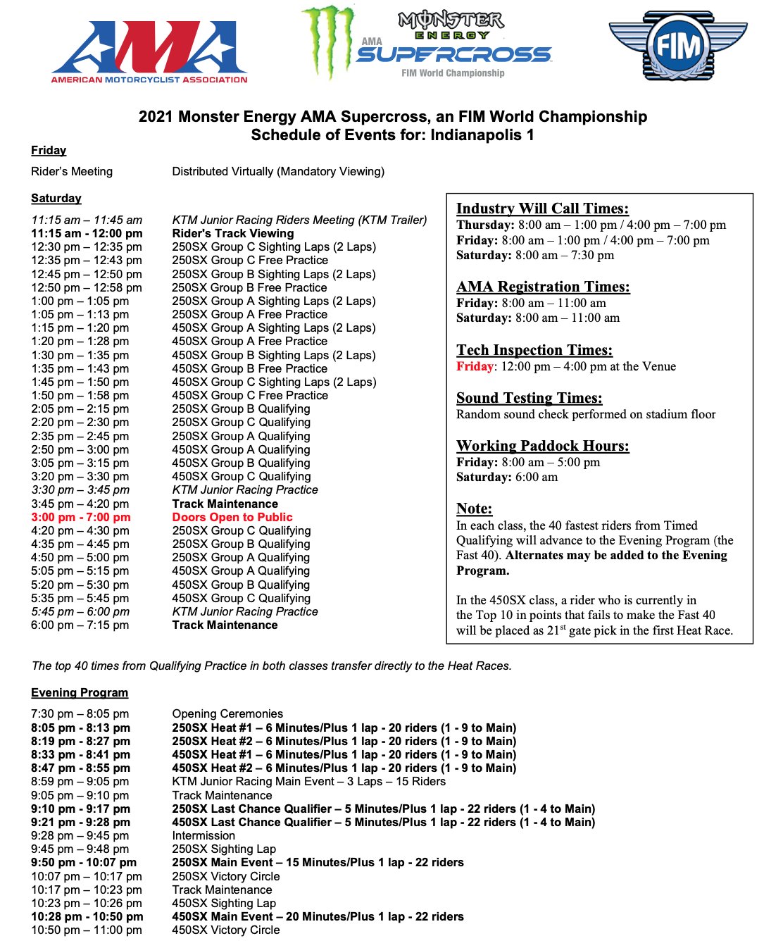 2021 Indianapolis 1 Supercross race day schedule