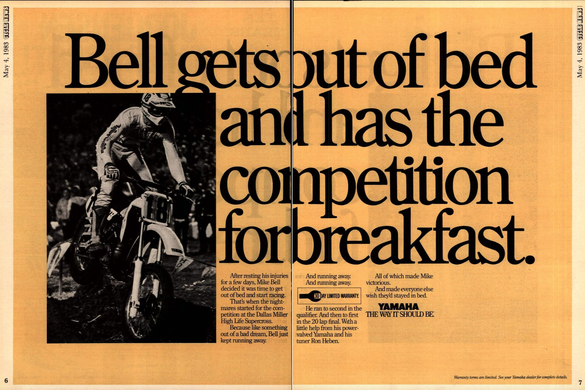 Bell's 1983 Dallas Supercross win ad in Cycle News.