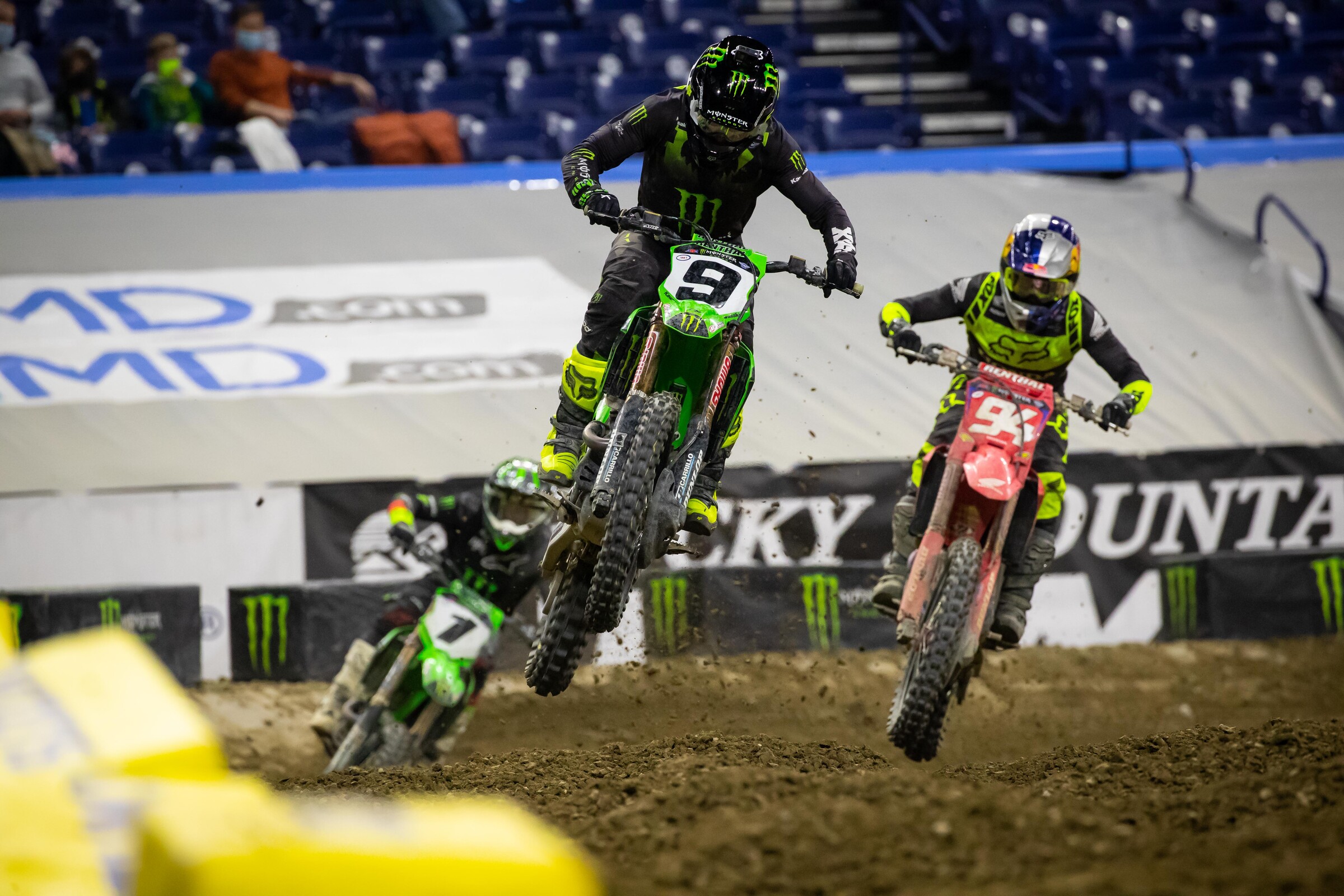 Adam Cianciarulo leading Eli Tomac and Ken Roczen in the Indianapolis 1 450SX main event on Saturday night.