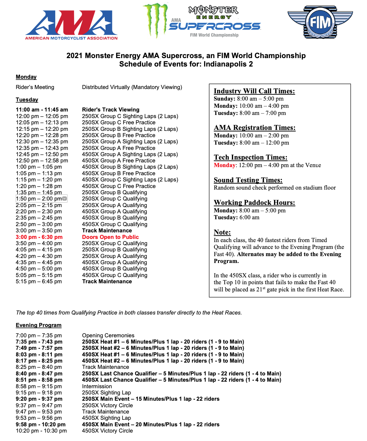 2021 Indianapolis 2 Supercross race day schedule