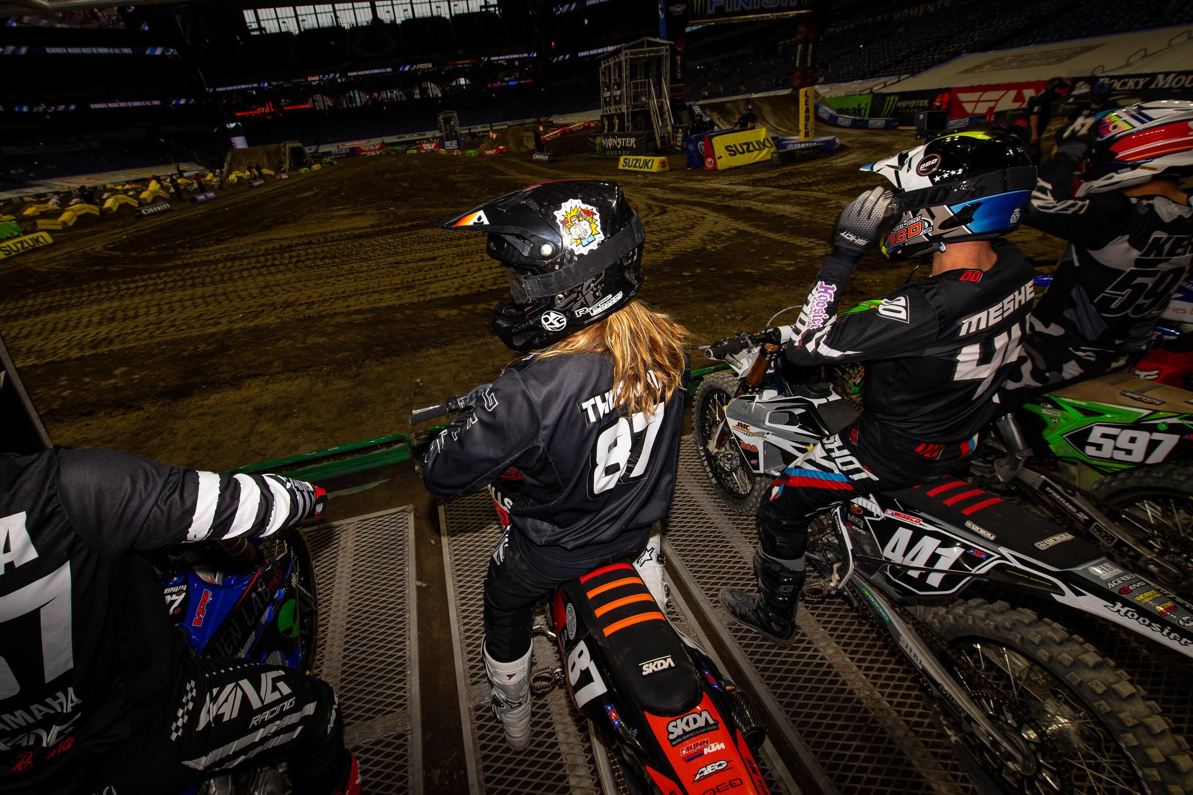Curren Thurman finished 15th in the Indianapolis 2 Supercross while repping a Rich Shepherd (AKA Ginja Ninja) sticker on his helmet. Rich, one of our main photogs, was hit by Curren in an accident in Houston earlier this year, but Rich is back shooting, and Curren is back in the main.